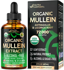 NutraHarmony Mullein Drops bottle shows organic lung support for daily wellness.