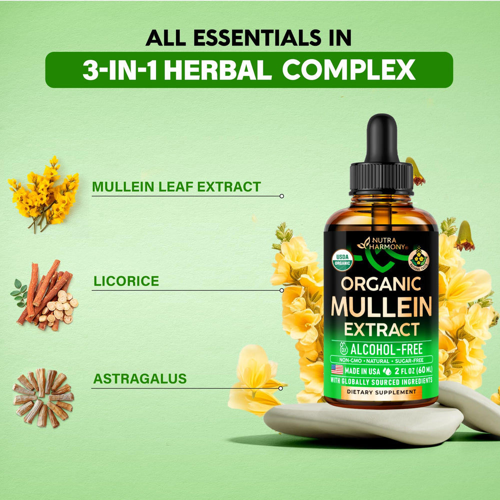 NutraHarmony Mullein Drops pure formula supports vegan, alcohol-free use.