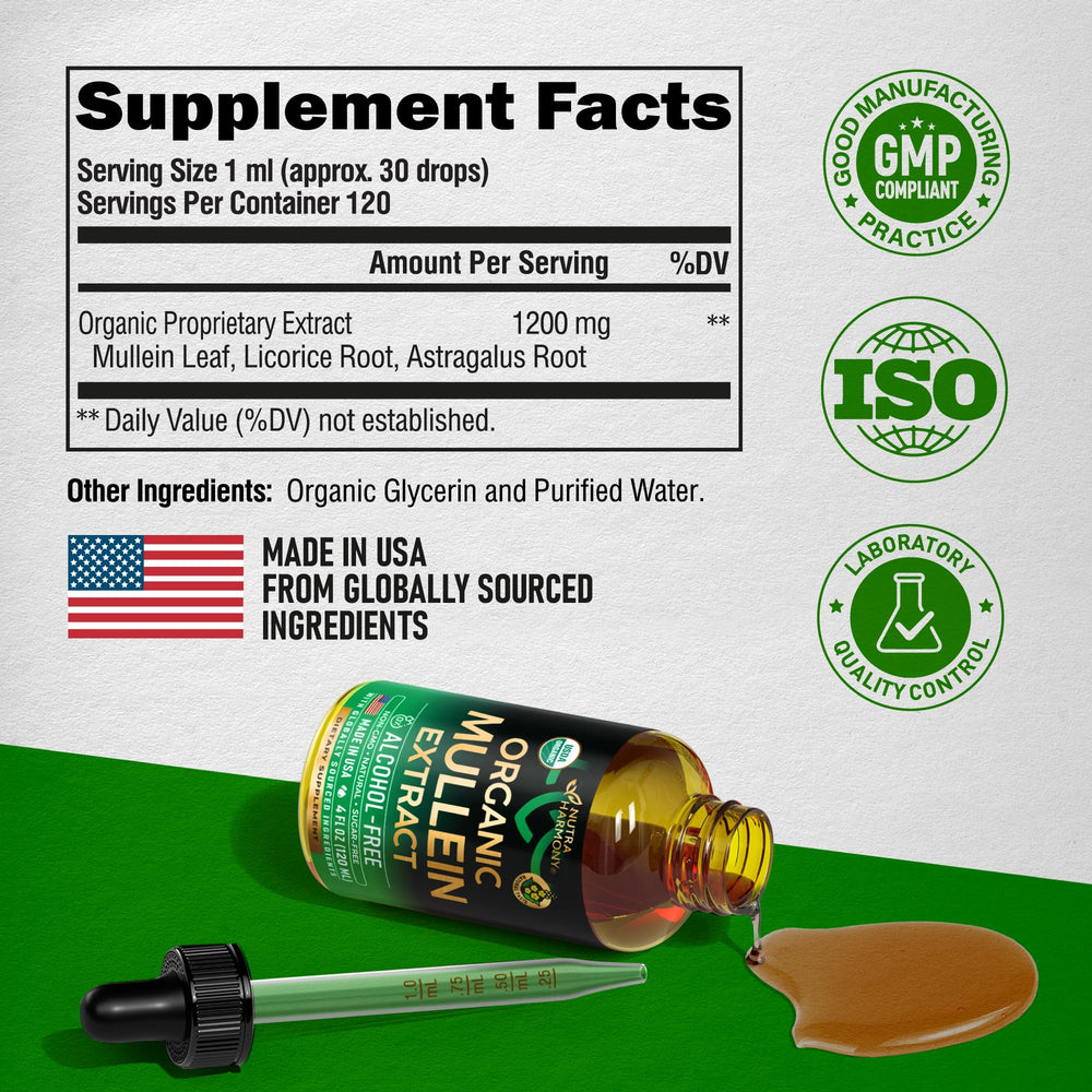 NUTRAHARMONY Mullein Drops travel bottle on a desk for on-the-go use.