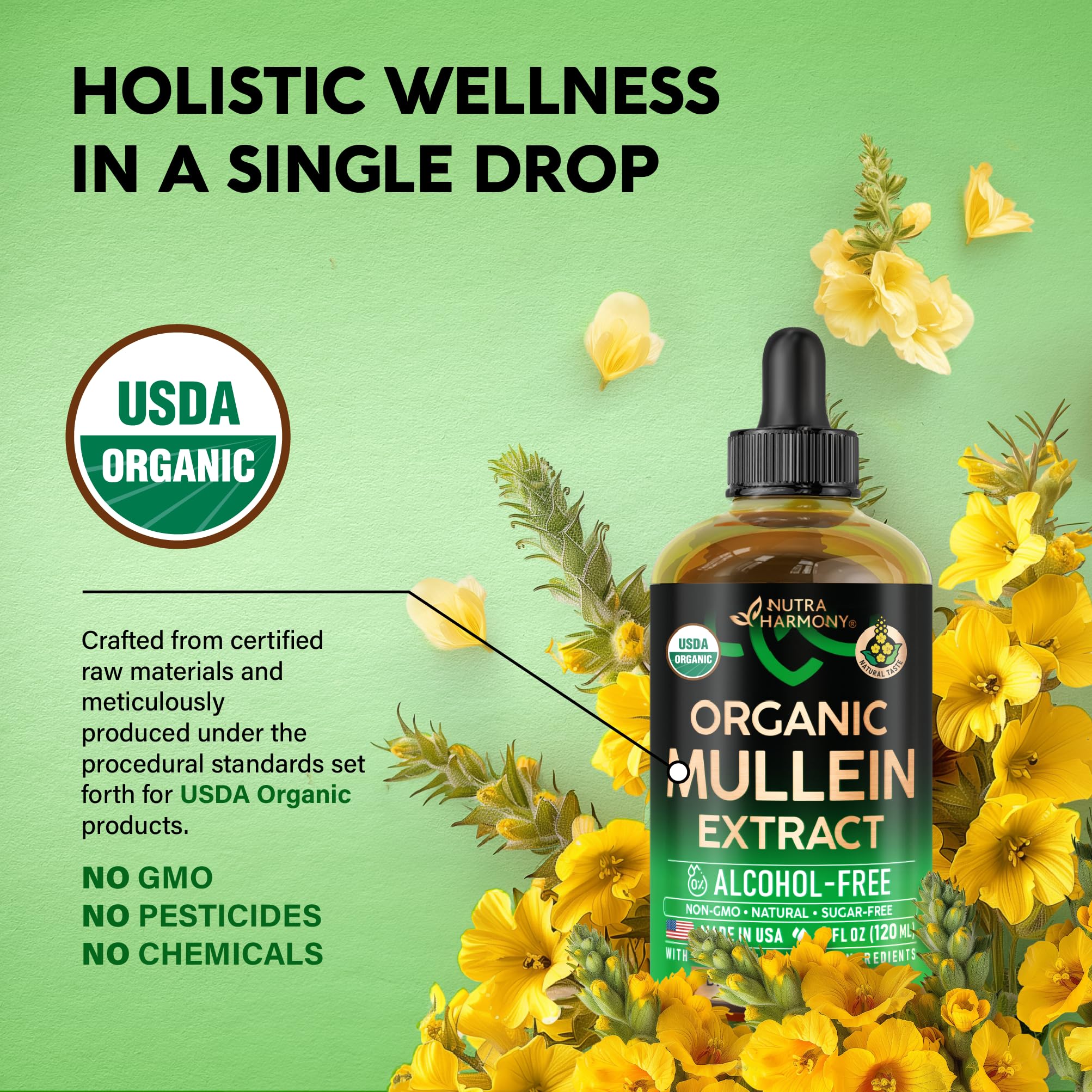 NutraHarmony Mullein Drops USA-made badge signals domestic production.