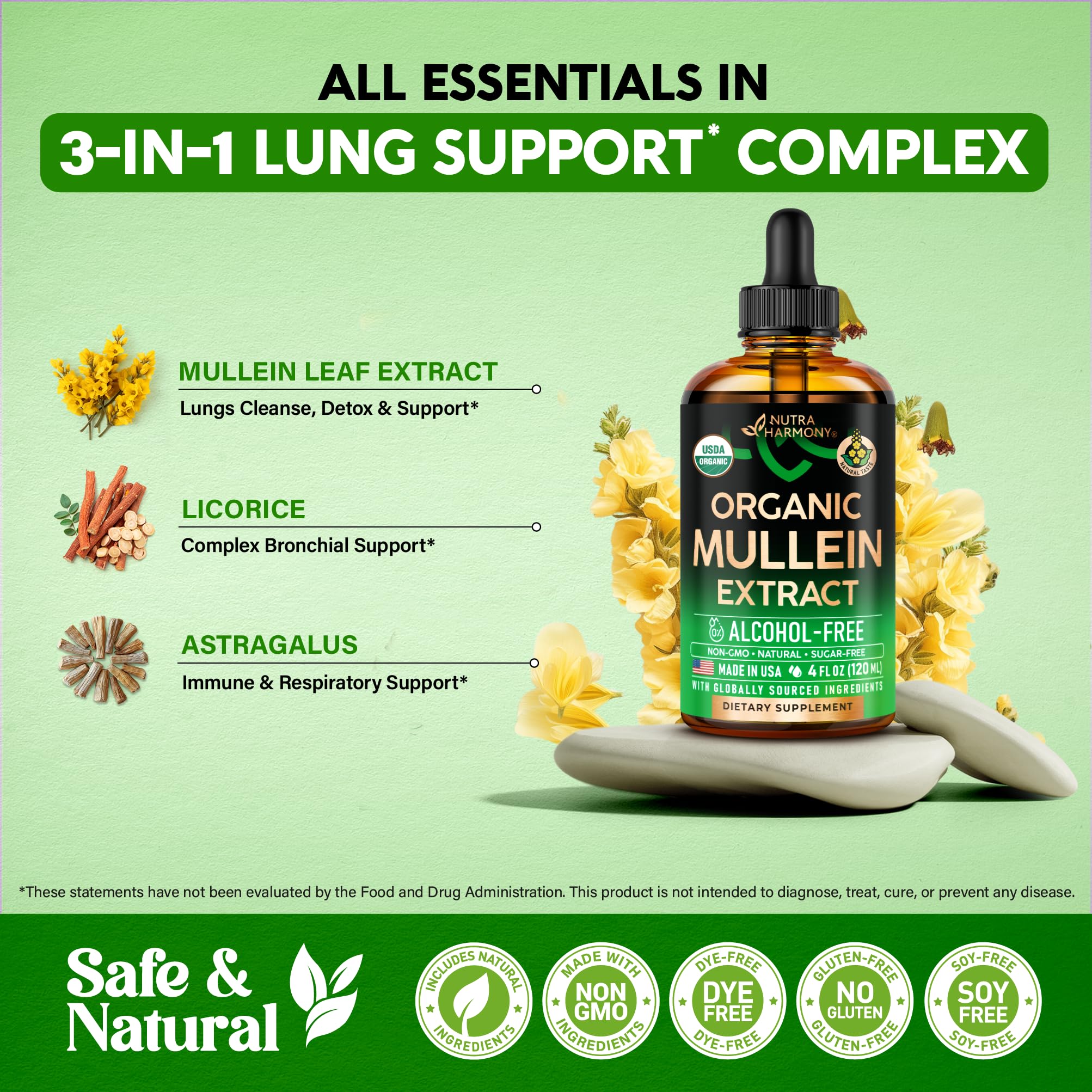 NUTRAHARMONY Mullein Drops USDA Organic certification label signals quality and purity.
