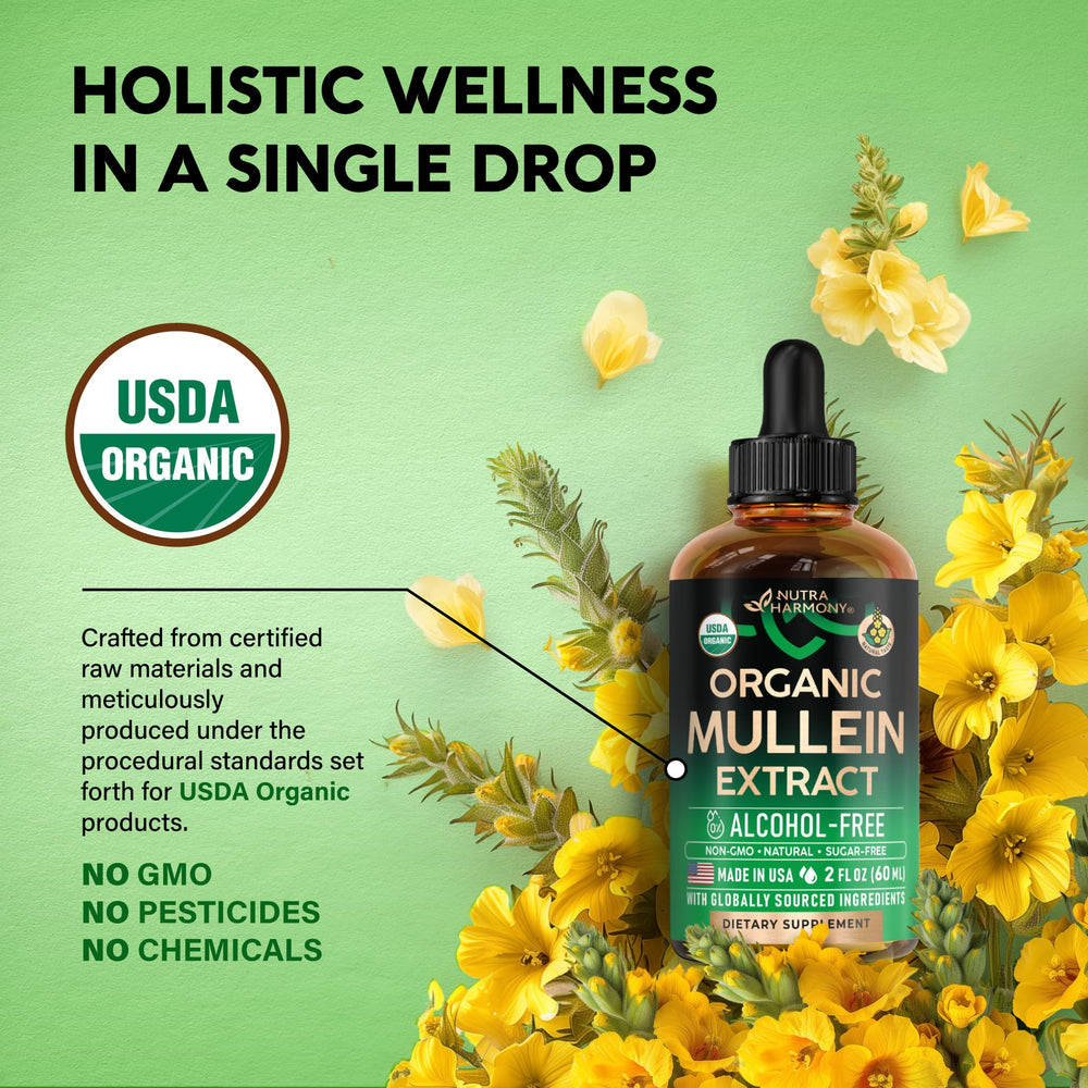 NutraHarmony Mullein Drops USDA Organic seal signals clean ingredients.