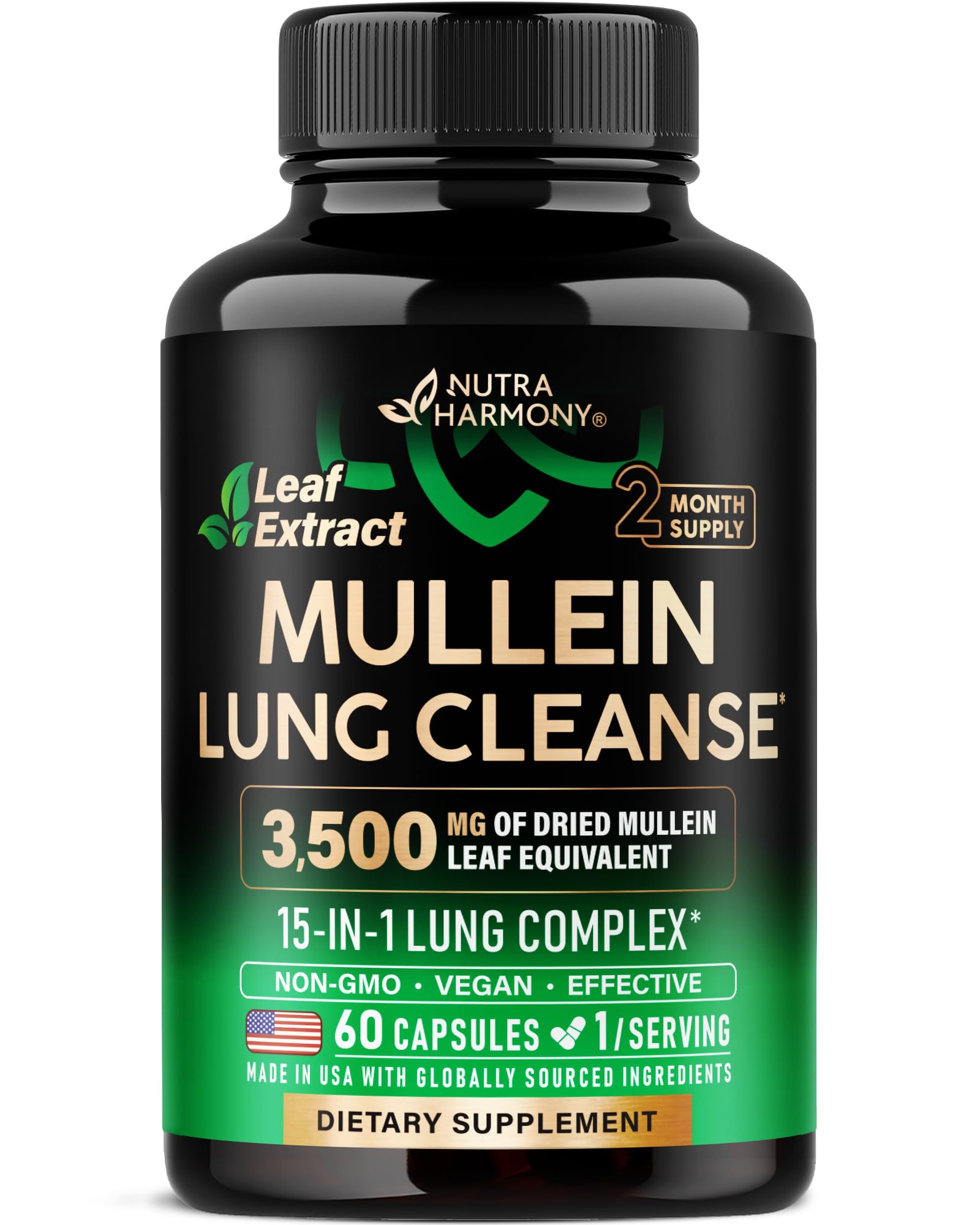 NutraHarmony Mullein Leaf Extract bottle front view for lung support.