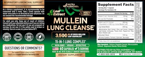 NutraHarmony Mullein Leaf Extract label close-up showing ingredients.