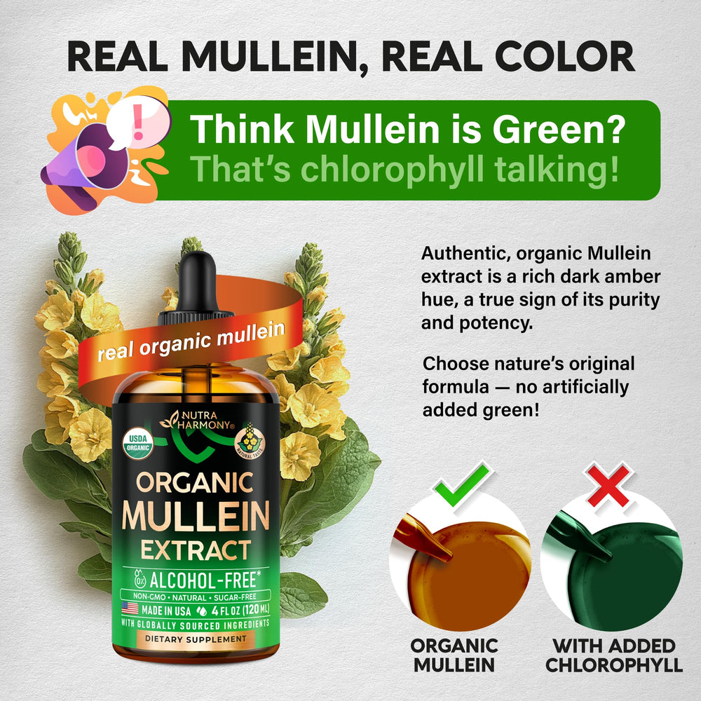 NUTRAHARMONY Mullein Leaf Extract image highlights natural mullein for respiratory wellness.