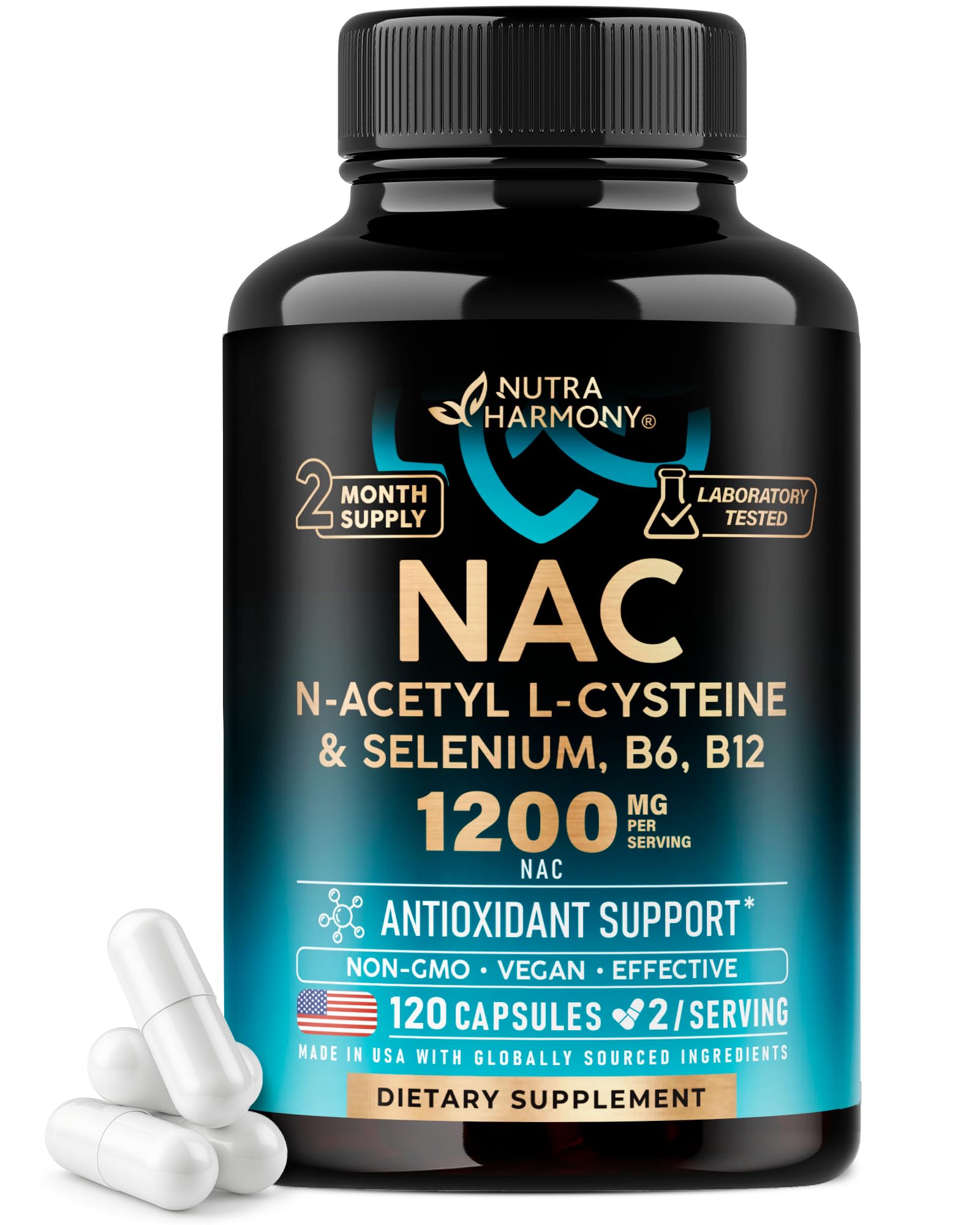 NutraHarmony NAC bottle front showing the 1200 mg potency for daily antioxidant support