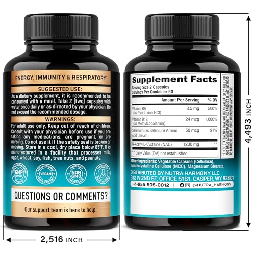 NutraHarmony NAC bottle side highlighting selenium and B vitamins for immune and nerve support