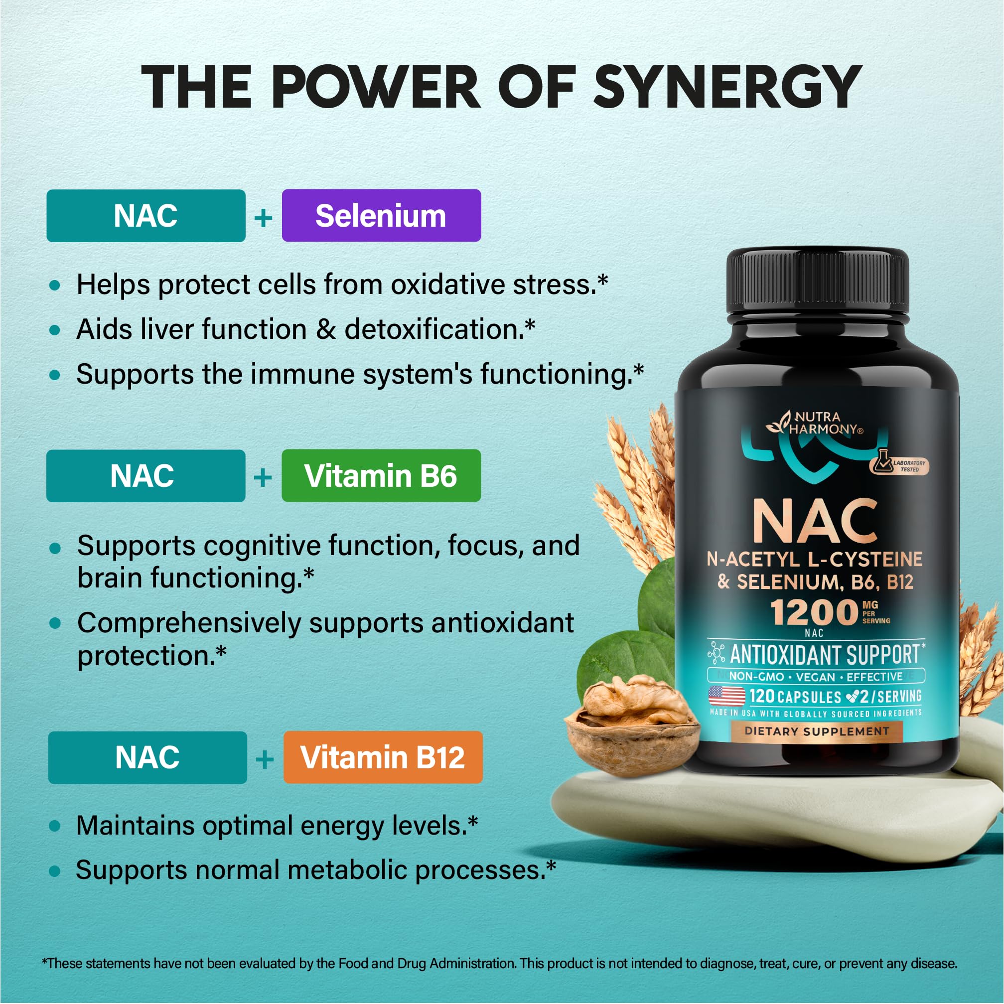 NutraHarmony NAC ingredients scan featuring B6 and B12 for energy metabolism support