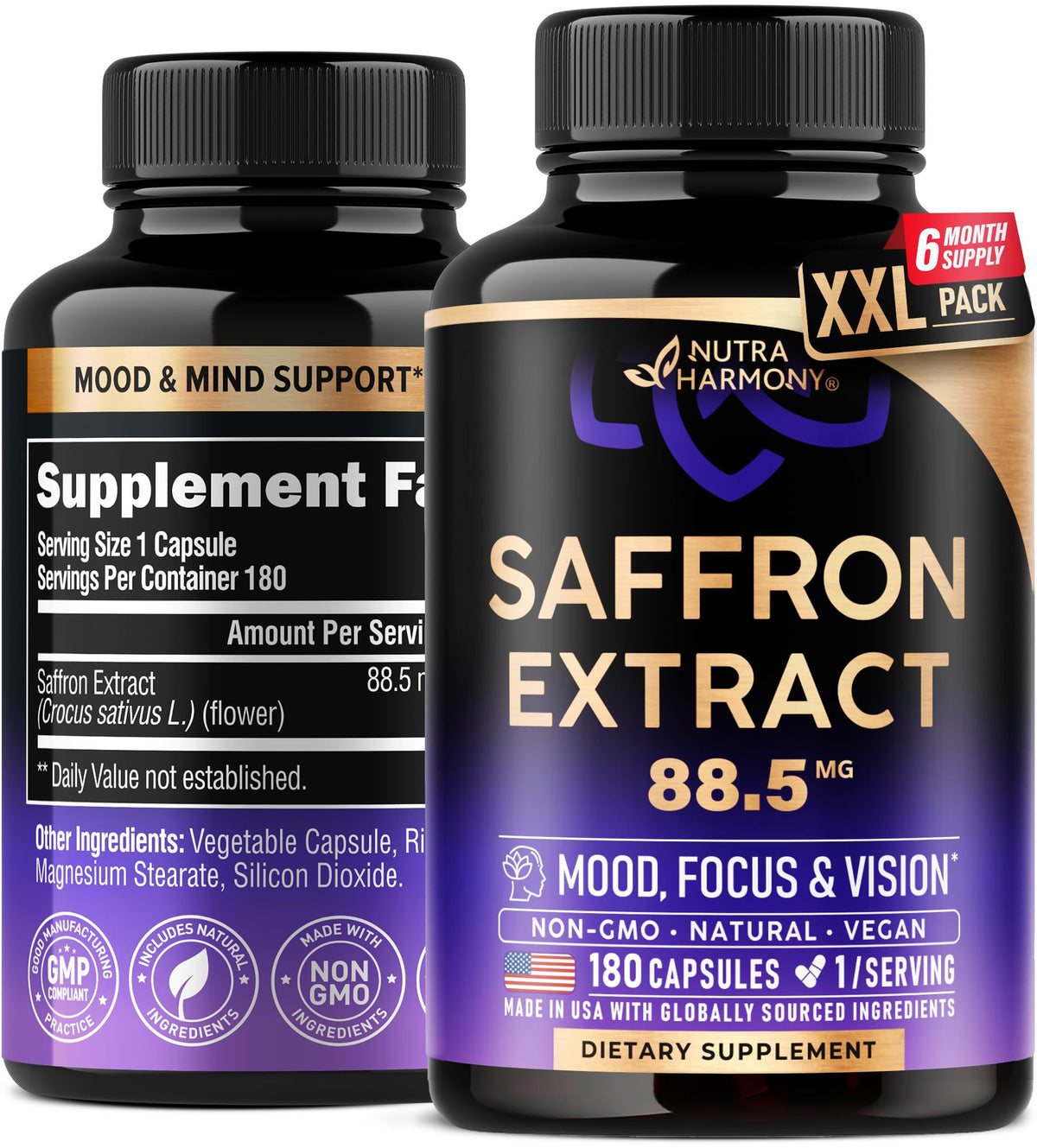 NUTRAHARMONY saffron capsules bottle pour supports mood and focus for daily balance