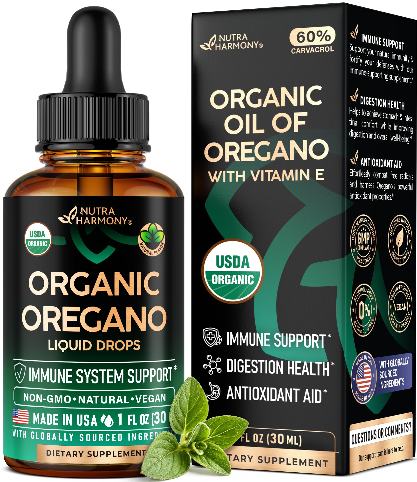 NutraHarmony Aceite de Orégano Orgánico, gota en bote, apoyo digestivo y antioxidante.