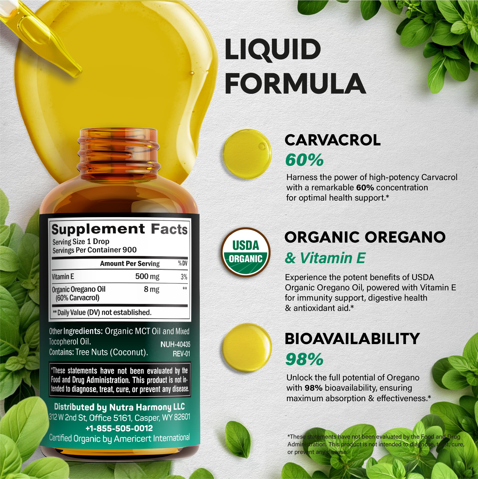NutraHarmony Drops con carvacrol 60%, alto rendimiento antioxidante.