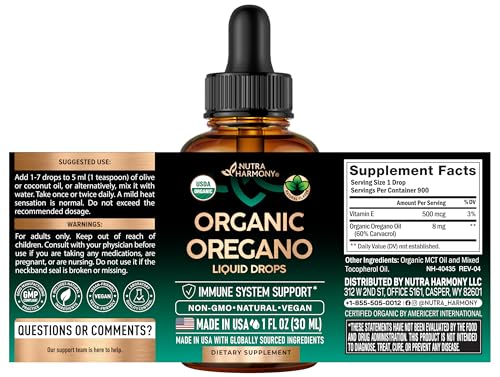 NutraHarmony Aceite de Orégano Orgánico, etiqueta detallada, garantiza calidad y pureza.