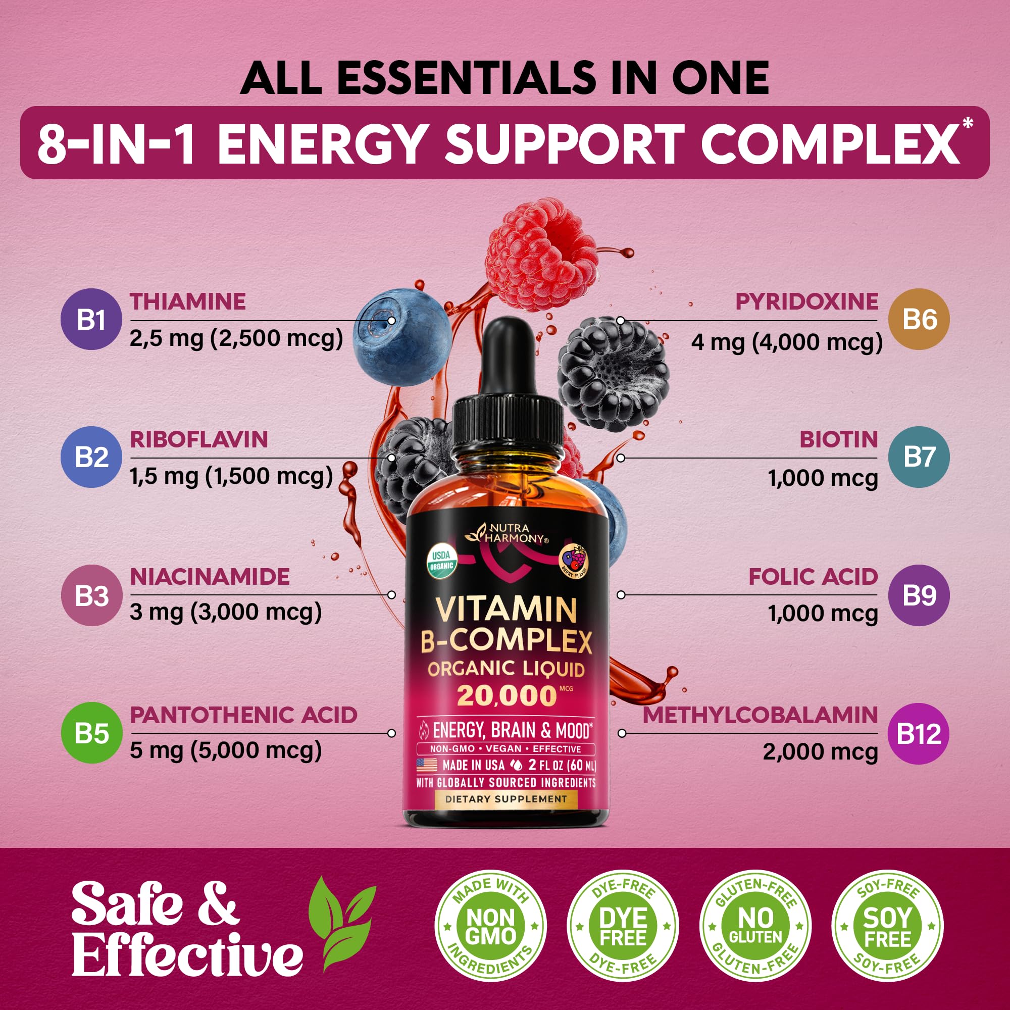 NutraHarmony Organic B Complex label underscores non-GMO and preservative-free quality