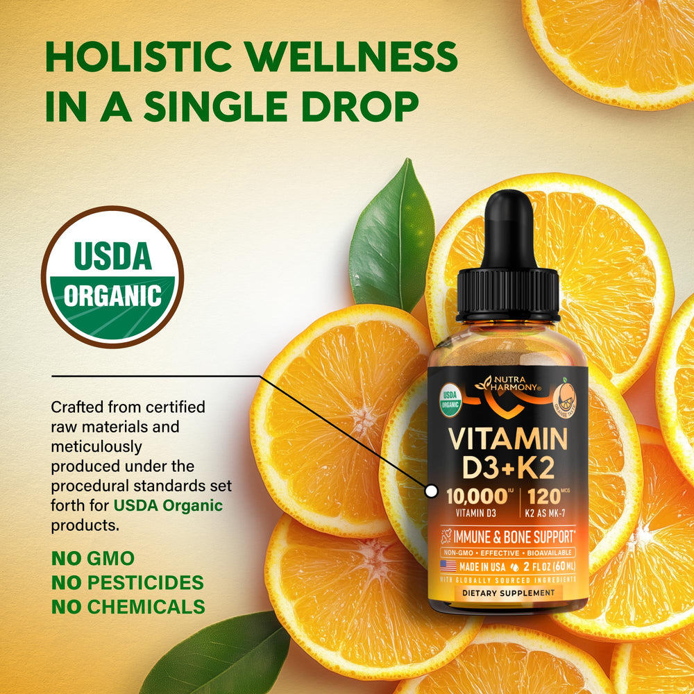 NutraHarmony USDA Organic D3 K2 drops orange flavor for sugar-free daily wellness.