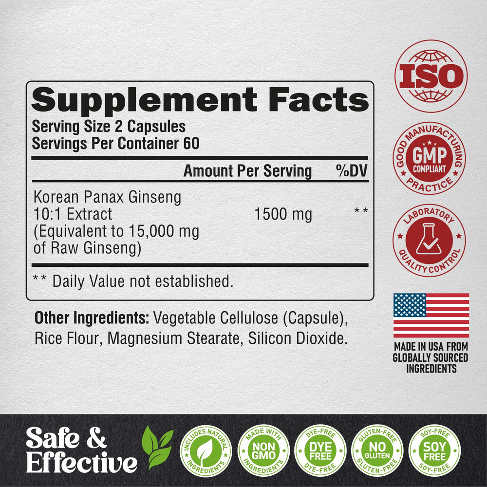 NUTRAHARMONY Panax Ginseng bottle back provides ingredient and safety notes