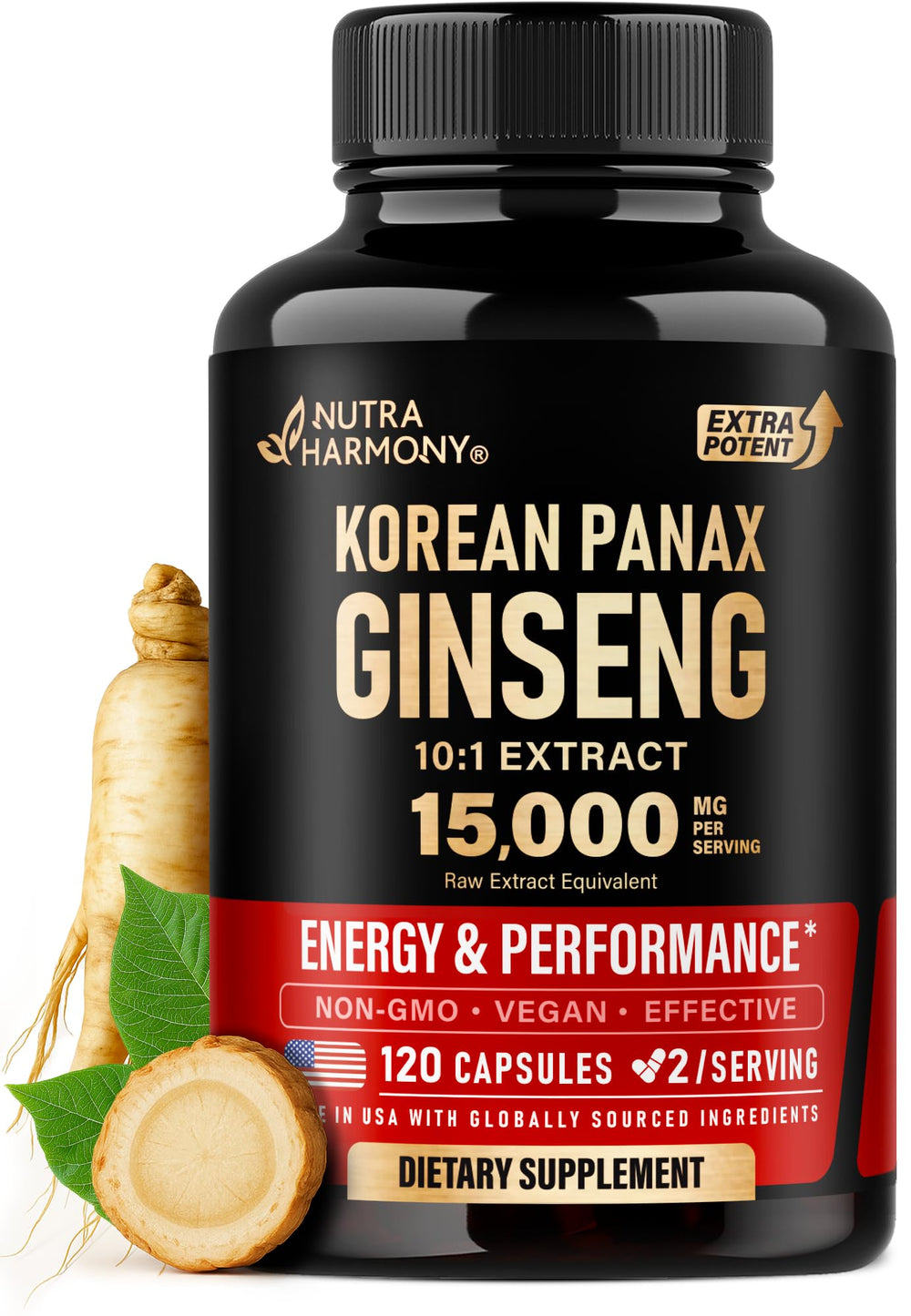 NUTRAHARMONY Panax Ginseng bottle front shows premium potency for daily energy
