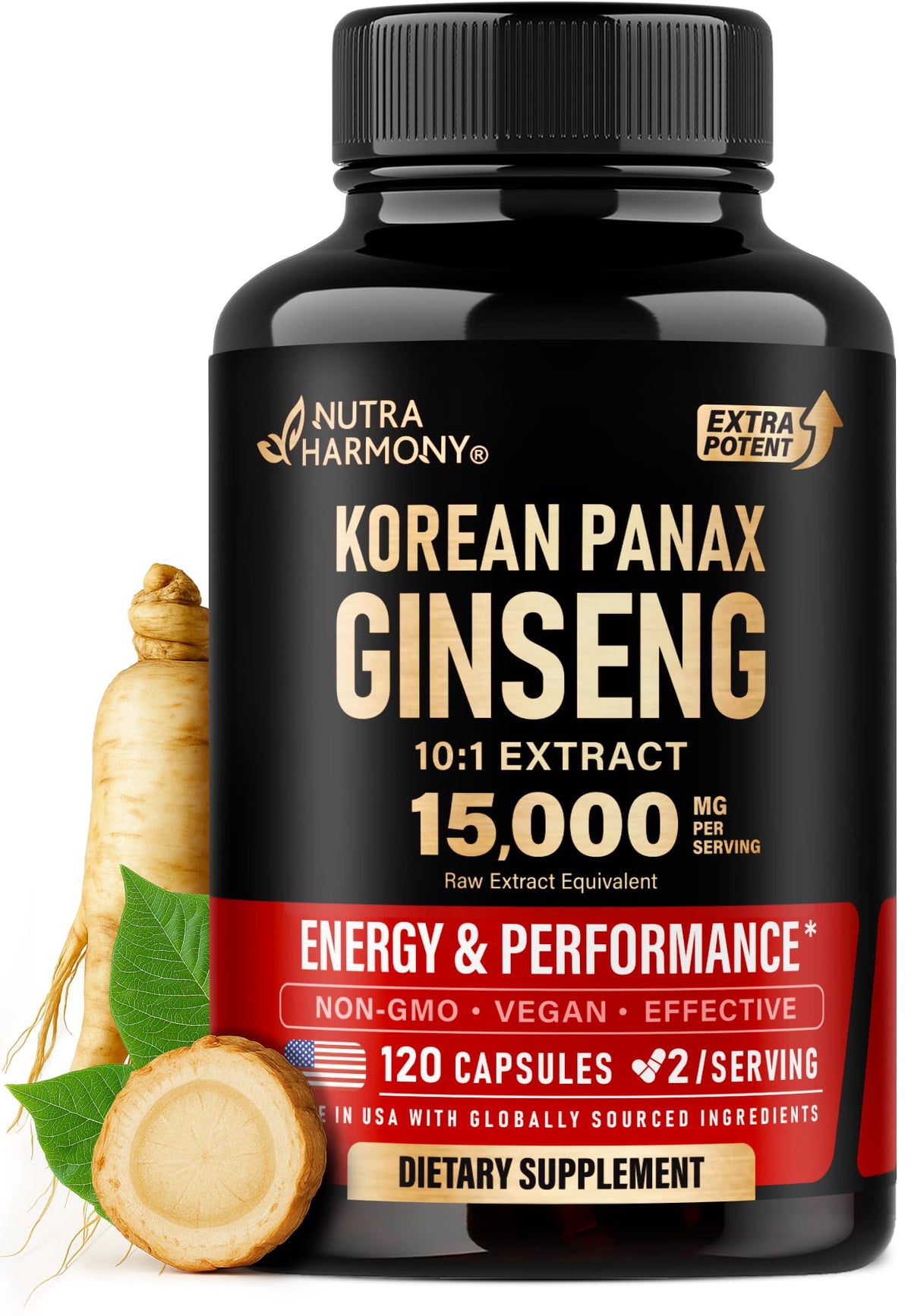 NUTRAHARMONY Panax Ginseng bottle front shows premium potency for daily energy