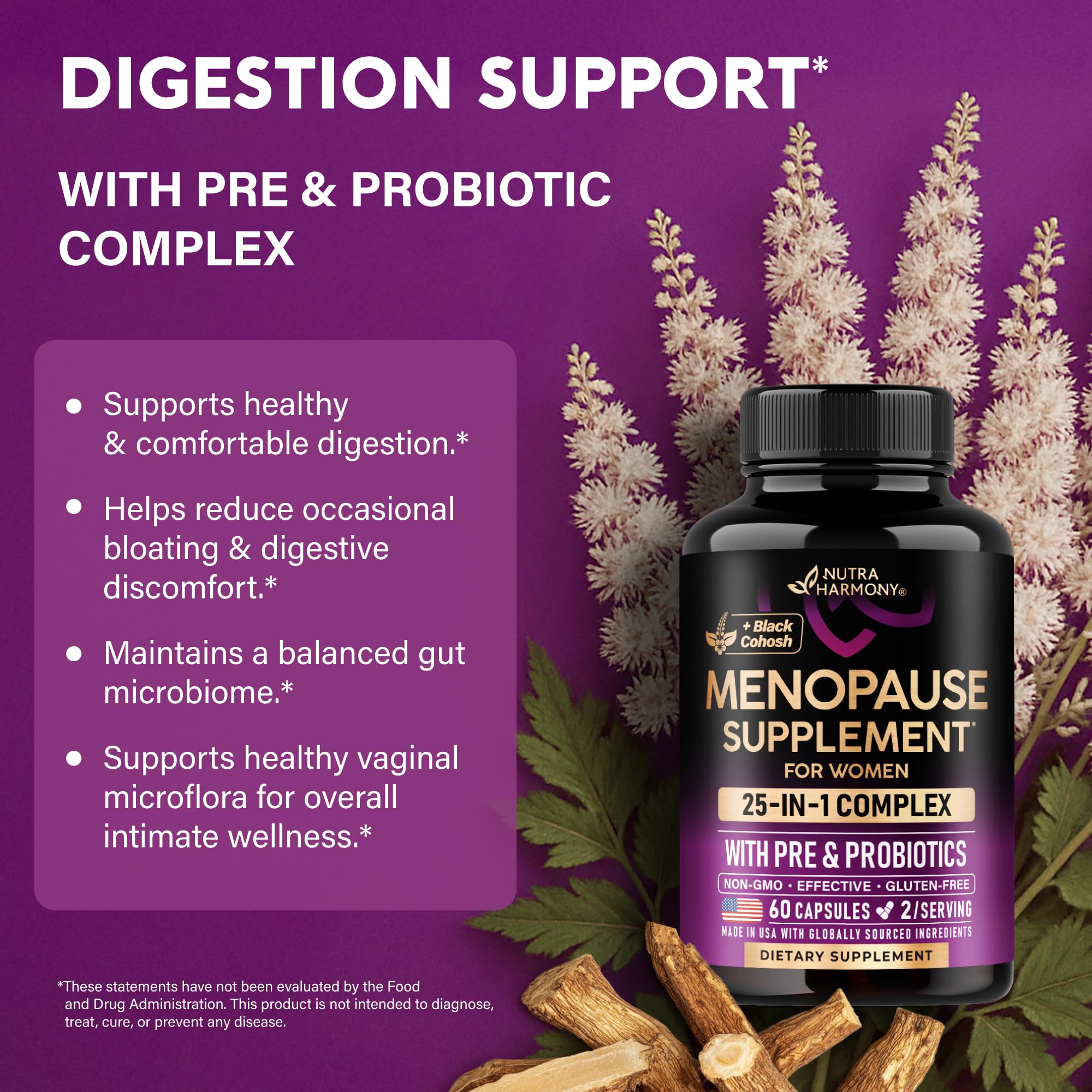 NUTRAHARMONY prebiotics-probiotics blend bottle emphasizes gut and vaginal health support.
