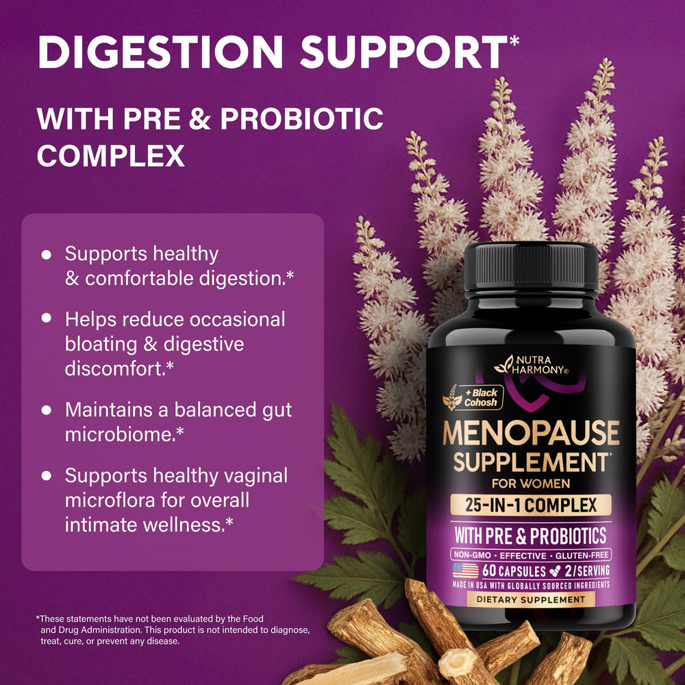 NUTRAHARMONY prebiotics-probiotics blend bottle emphasizes gut and vaginal health support.