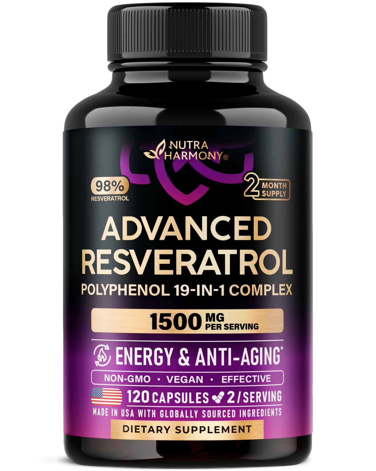NutraHarmony Resveratrol 19in1 bottle label highlighting polyphenols for daily vitality.