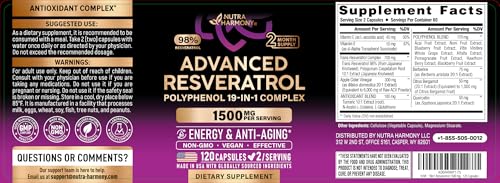 NutraHarmony Resveratrol capsules closeup showing compact daily supplement.