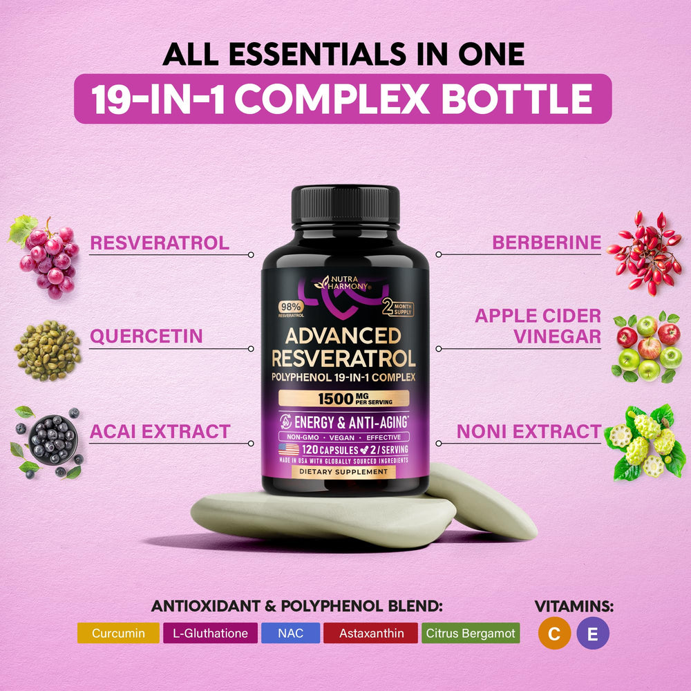 NutraHarmony Resveratrol packaging front emphasizing premium quality.