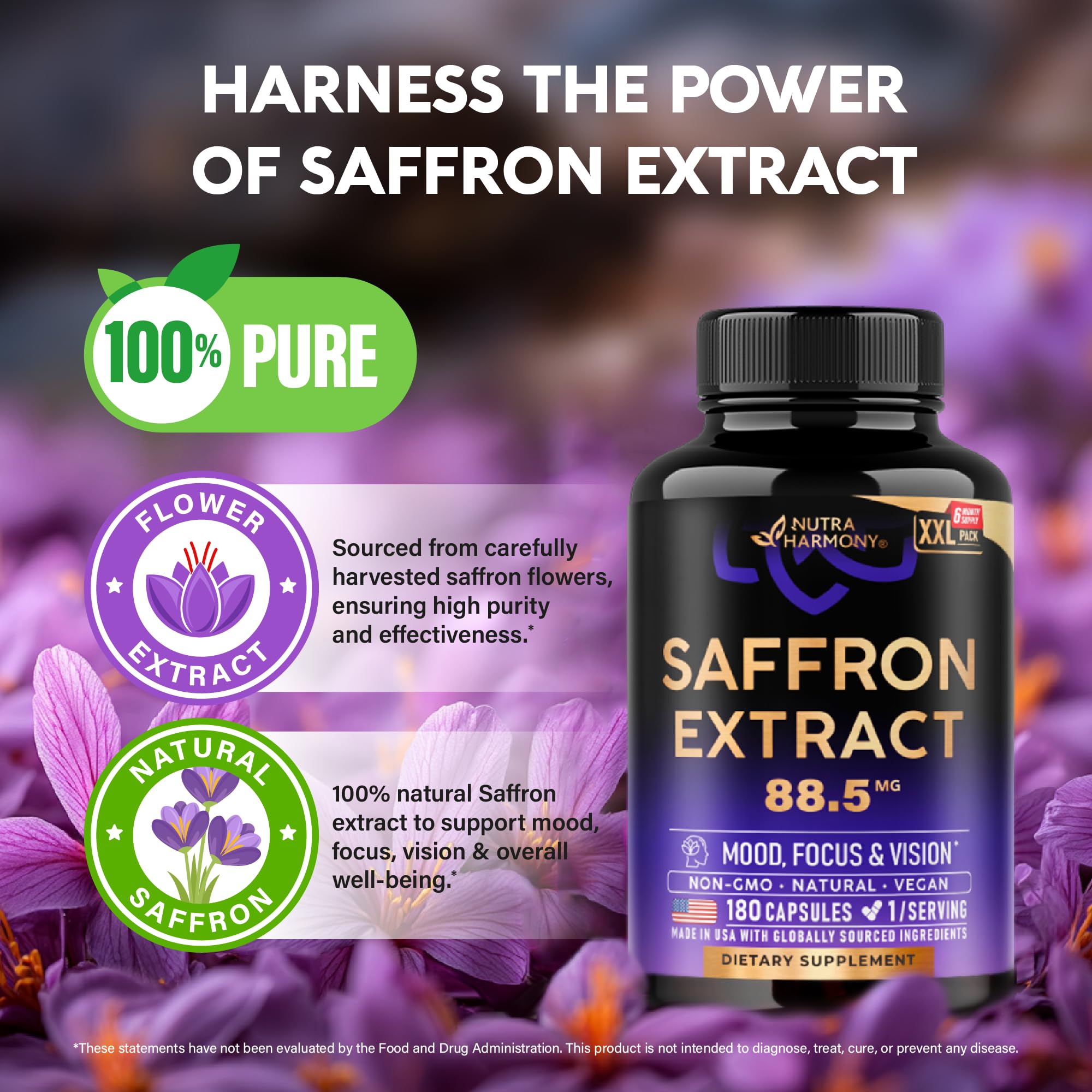 NUTRAHARMONY saffron bottle on desk suggests a convenient daily wellness ritual