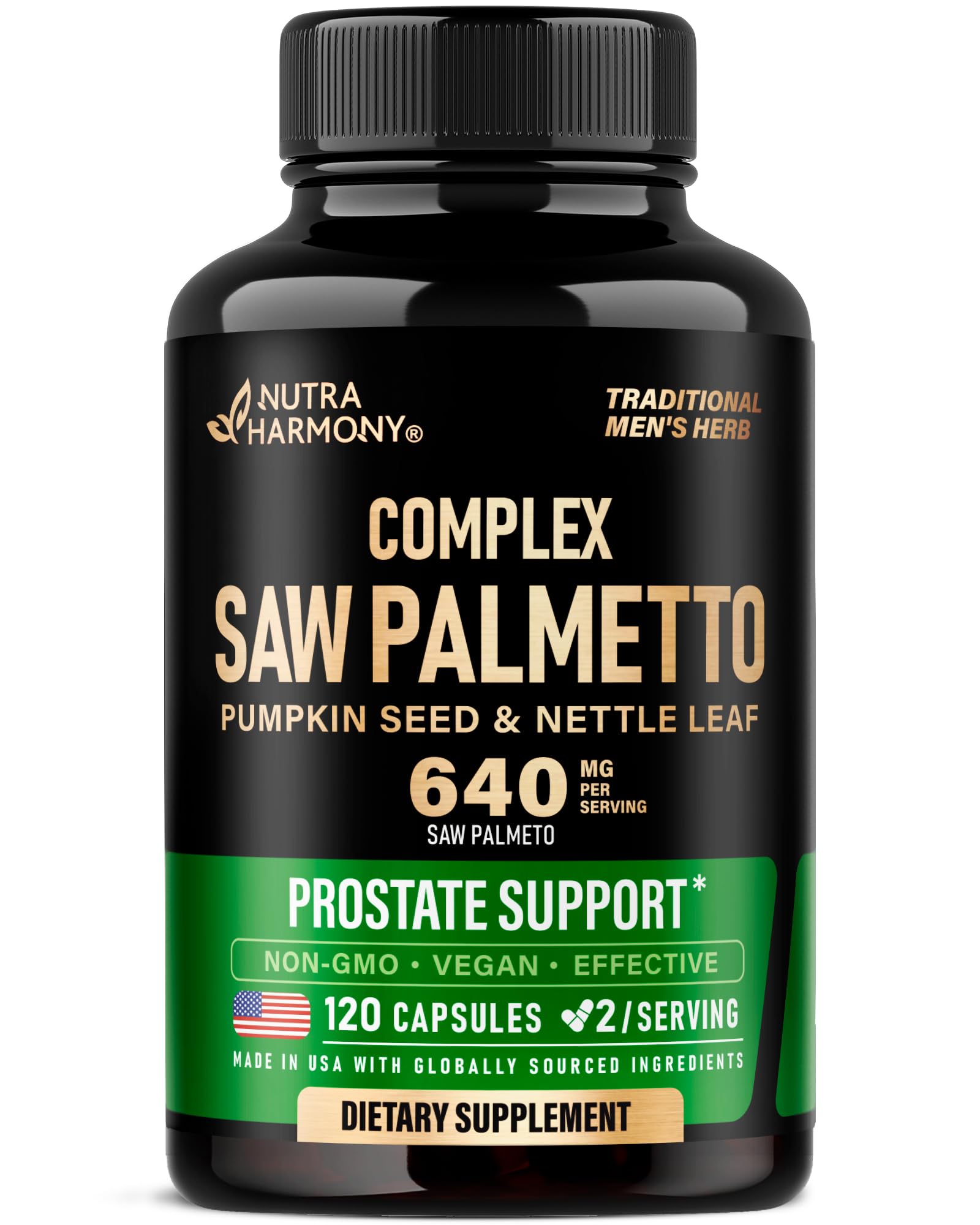 NutraHarmony Saw Palmetto for Men bottle front highlighting prostate support