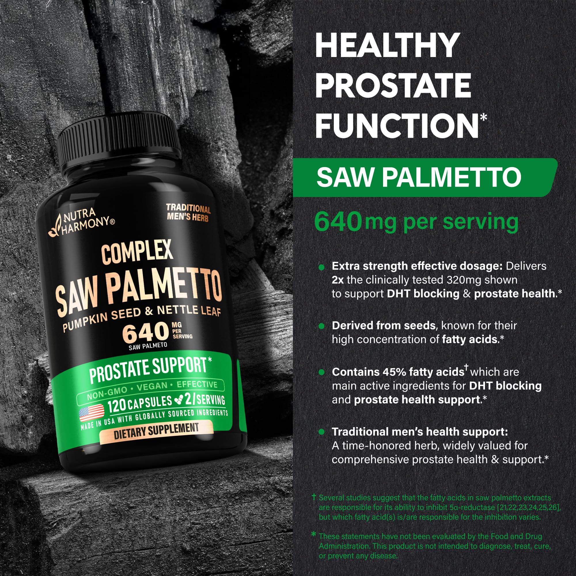 NutraHarmony Saw Palmetto label close-up emphasizing the pumpkin seed blend