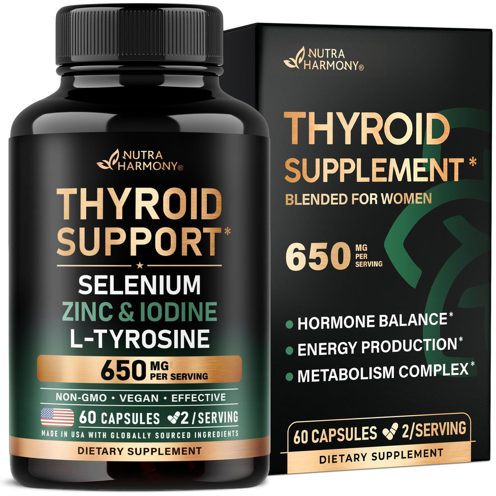 NUTRAHARMONY thyroid support bottle showcases Selenium 200 mcg for daily wellness.