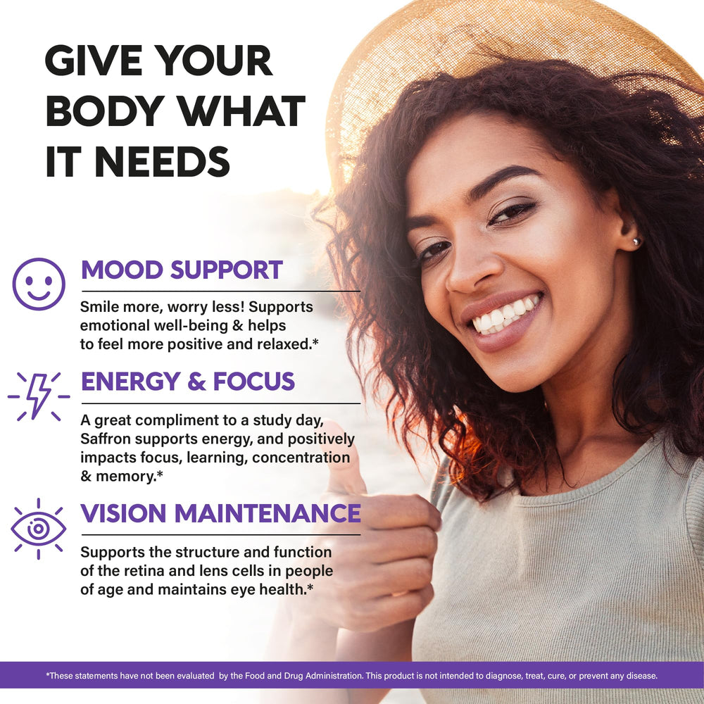 NUTRAHARMONY US-made saffron capsules front label communicates non-GMO vegan formula
