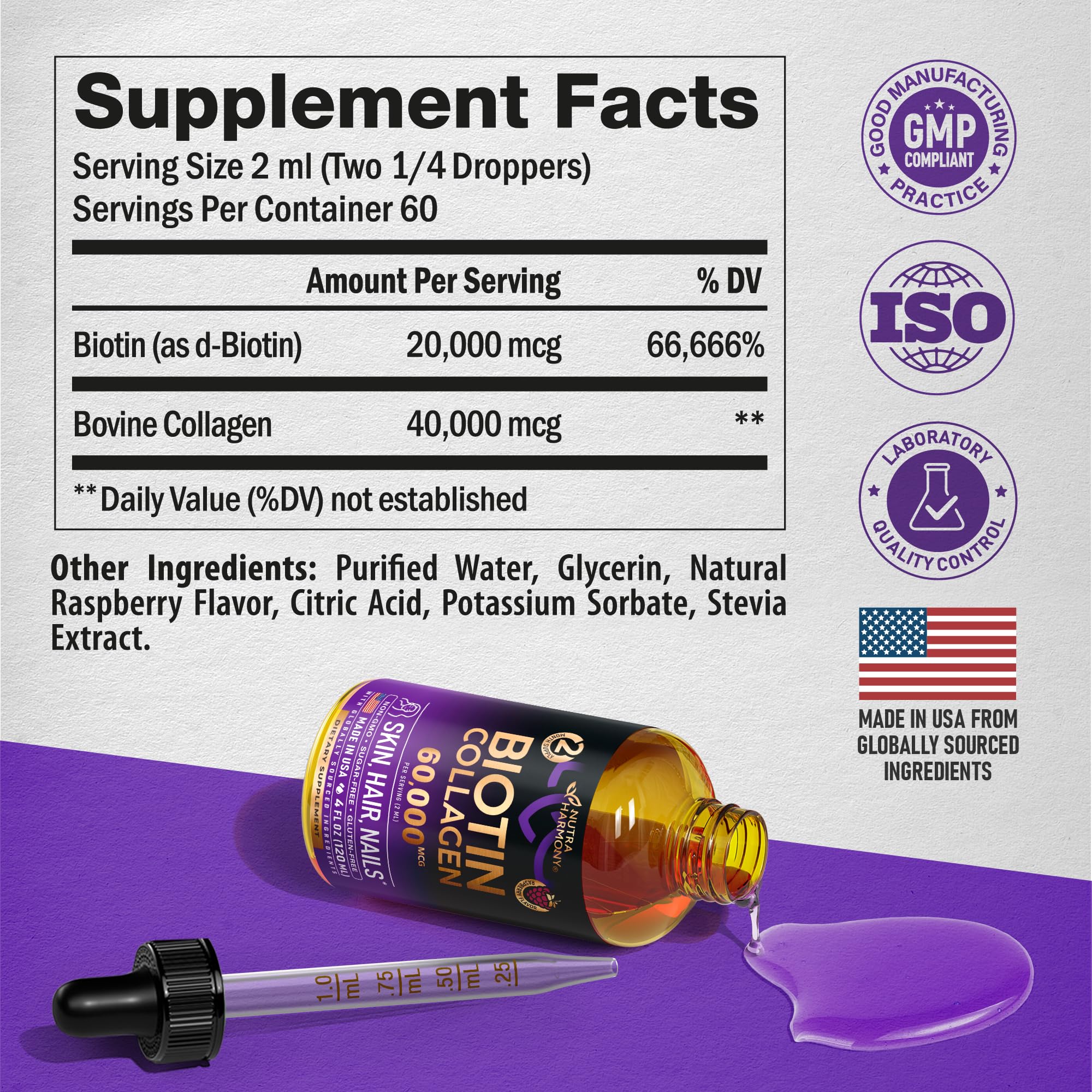 NutraHarmony USA-made seal emphasizes domestic manufacturing.
