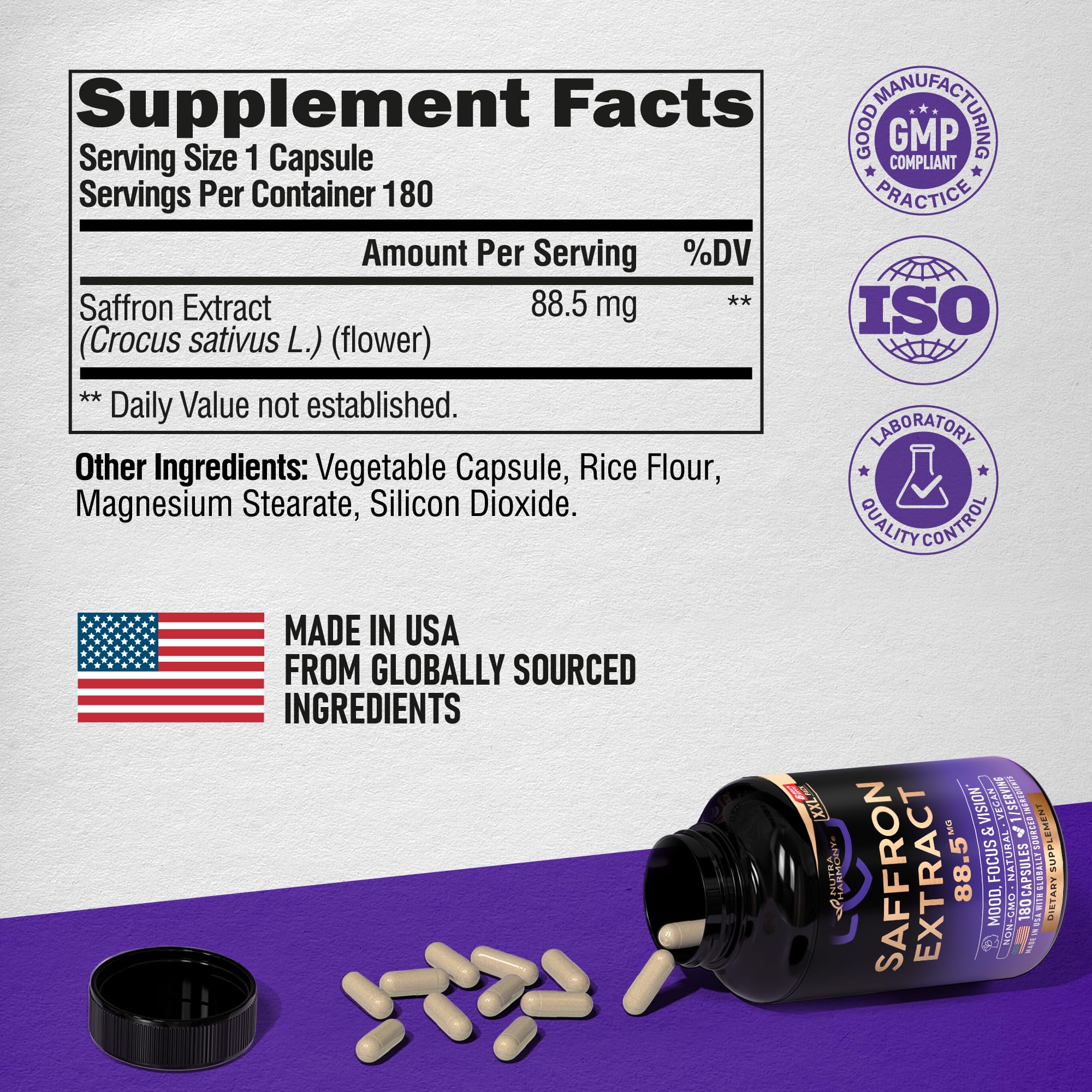 NUTRAHARMONY vegan saffron pills highlight dairy-free, gluten-free benefits