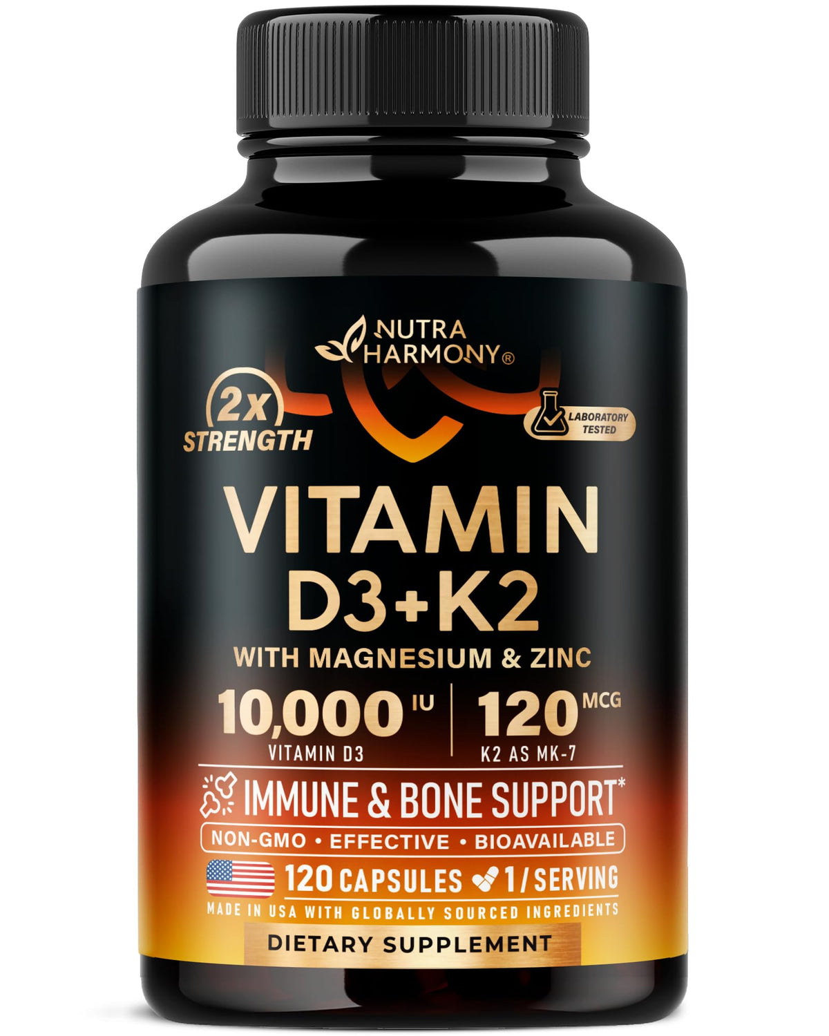 NutraHarmony Vitamin D3 K2 bottle front showing immune and bone support