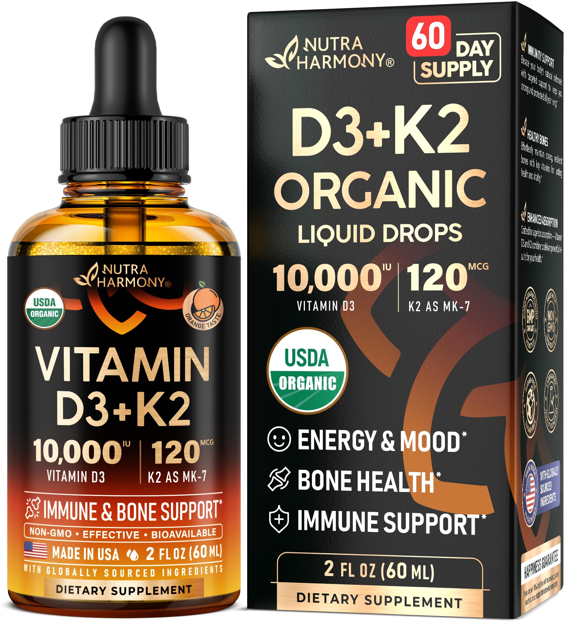 NutraHarmony Vitamin D3 K2 Drops bottle with orange flavor supports immune and bone health.