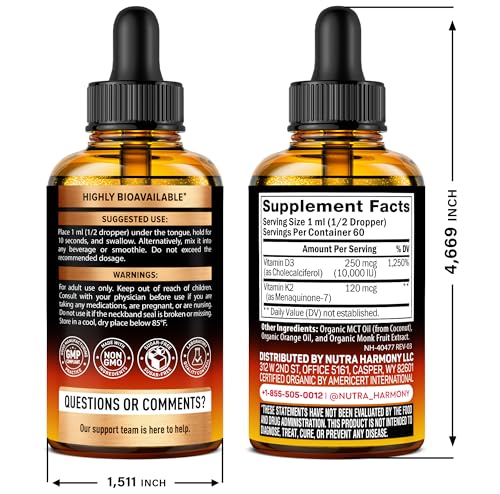 NutraHarmony D3 K2 drops pour view shows amber liquid ideal for daily use.