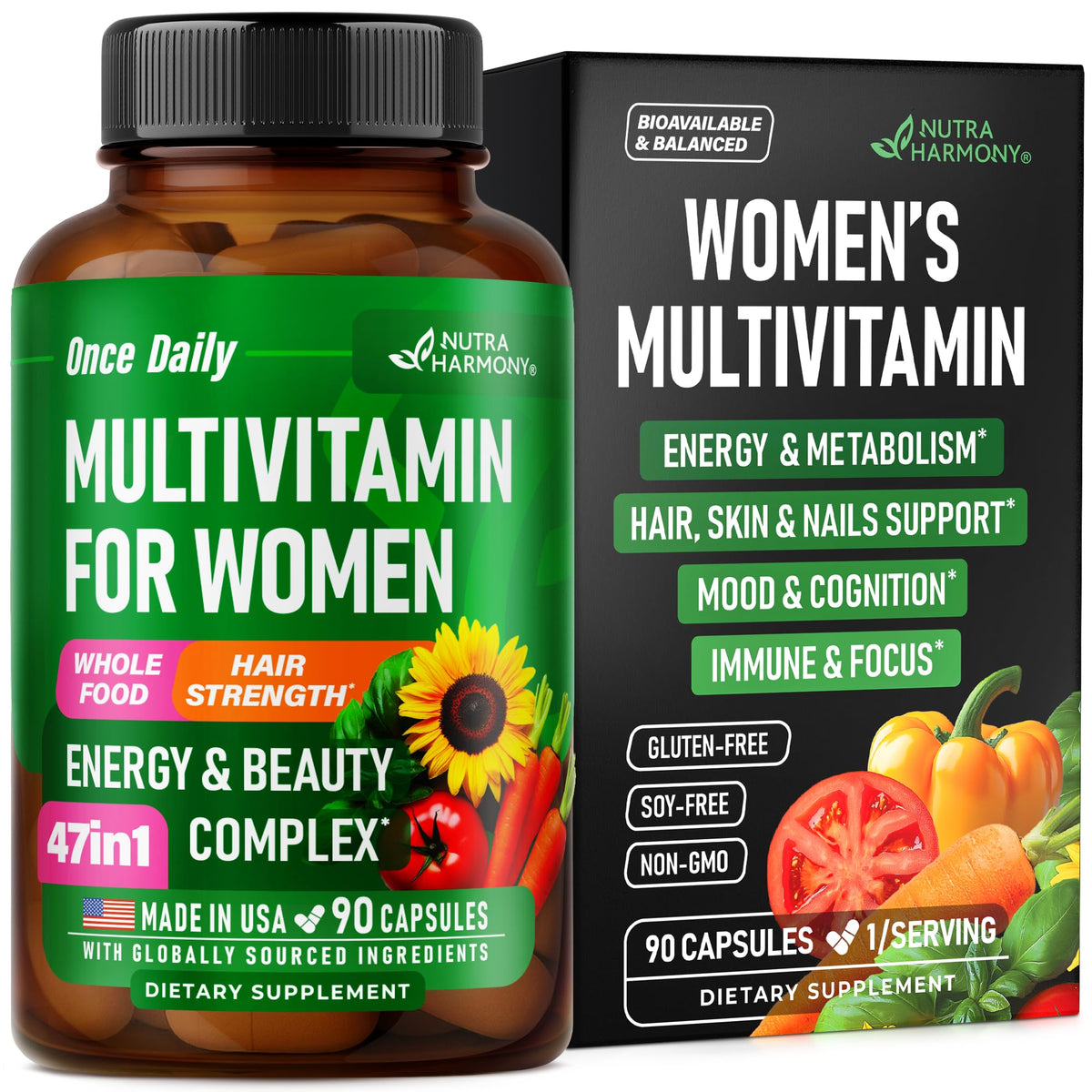 NutraHarmony women's multivitamin bottle with 47-in-1 formula for daily wellness.