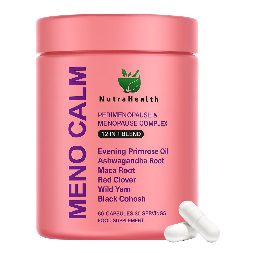 NutraHealth Meno Calm bottle highlighting 12-in-1 menopause support.