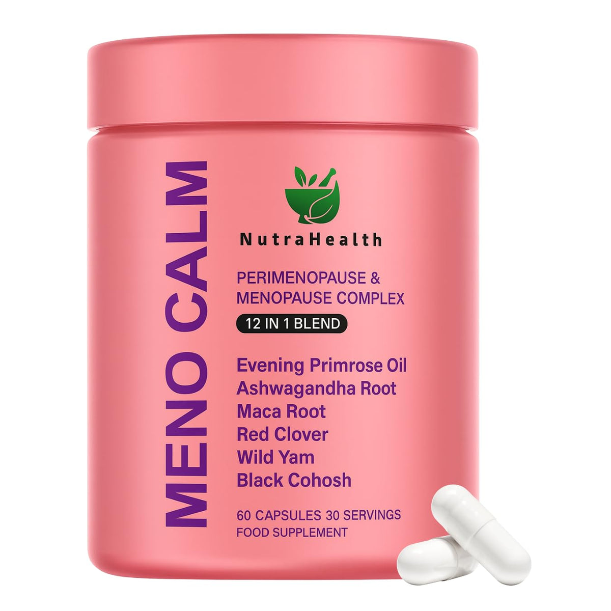 NutraHealth Meno Calm bottle highlighting 12-in-1 menopause support.