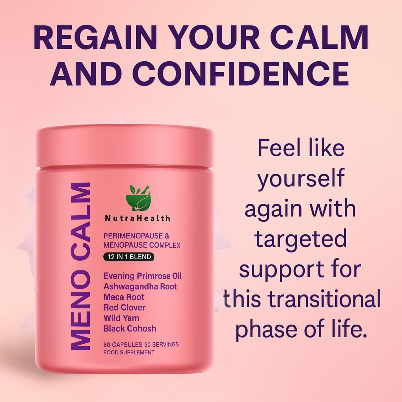 NutraHealth Meno Calm softgel capsules ready for daily use and balance.