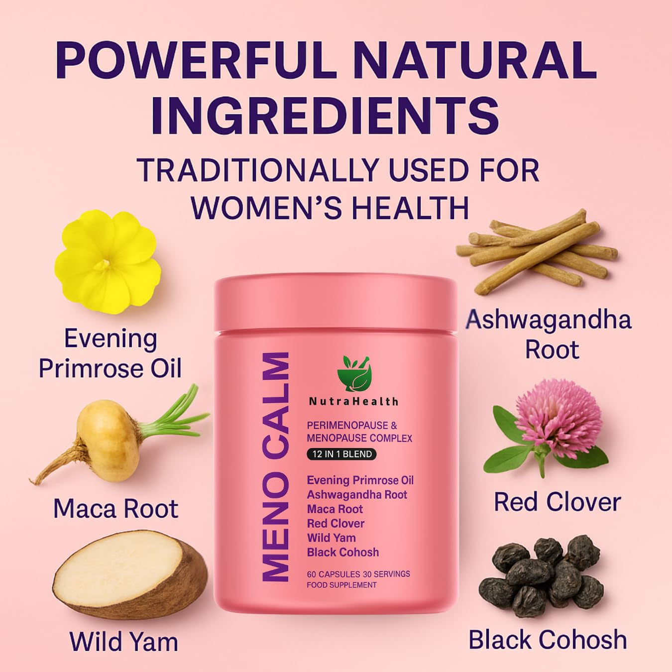 NutraHealth Meno Calm packaging closeup emphasizing clean ingredients.
