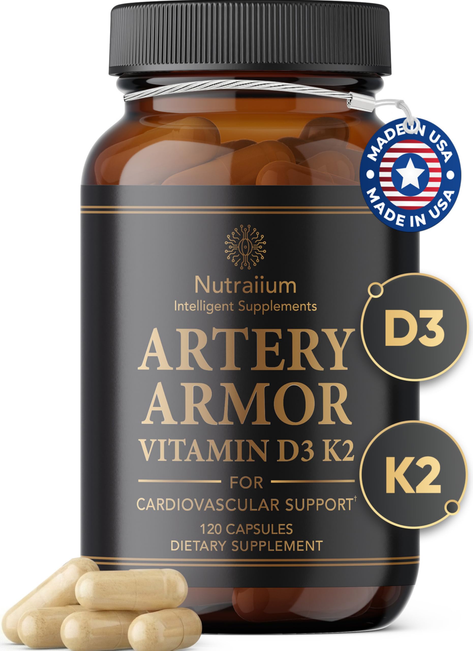 Nutraiium D3 K2 bottle front promotes bone support and artery balance.