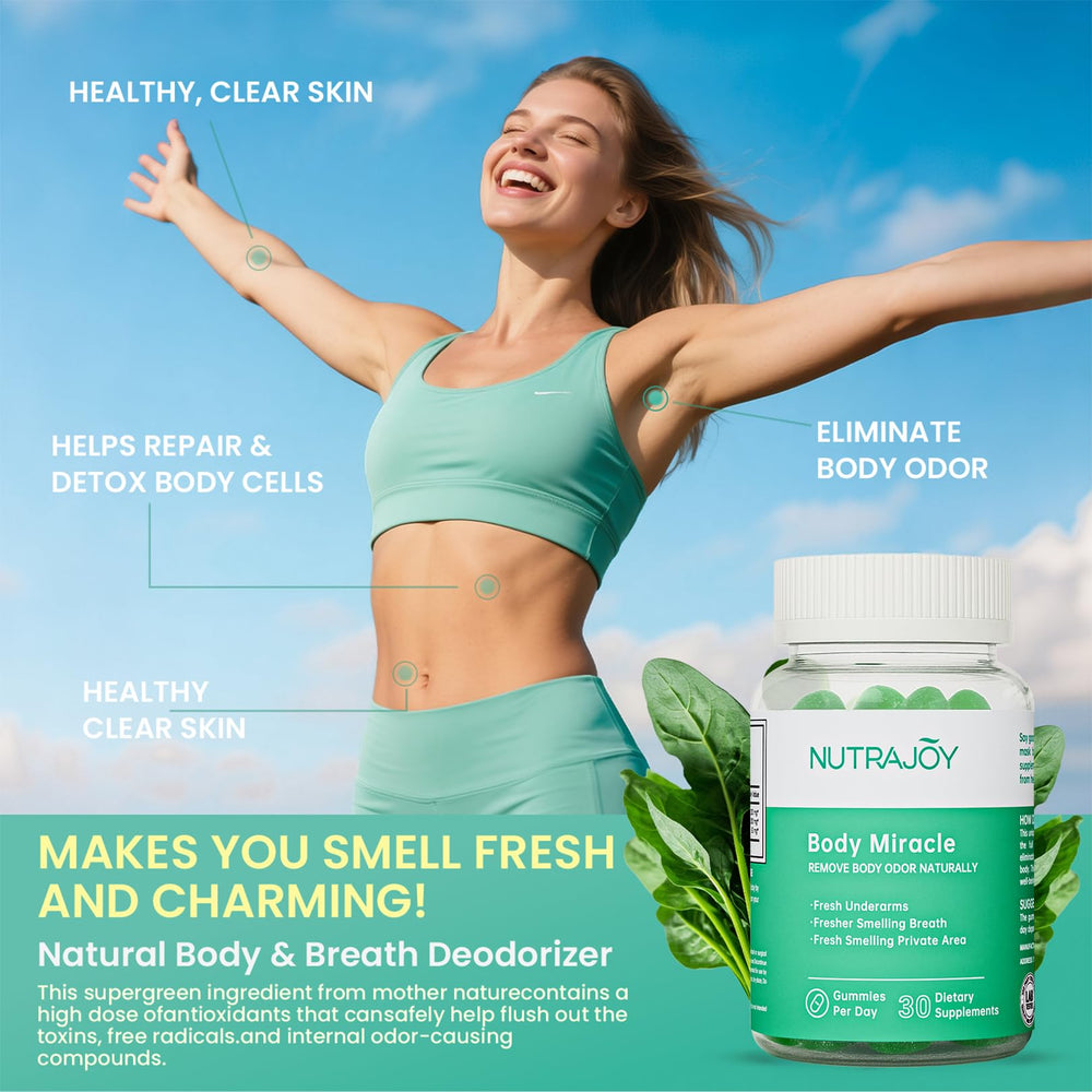 Ingredients panel shows spirulina, chlorella, and greens in NutraJOY Chlorophyll Gummies.