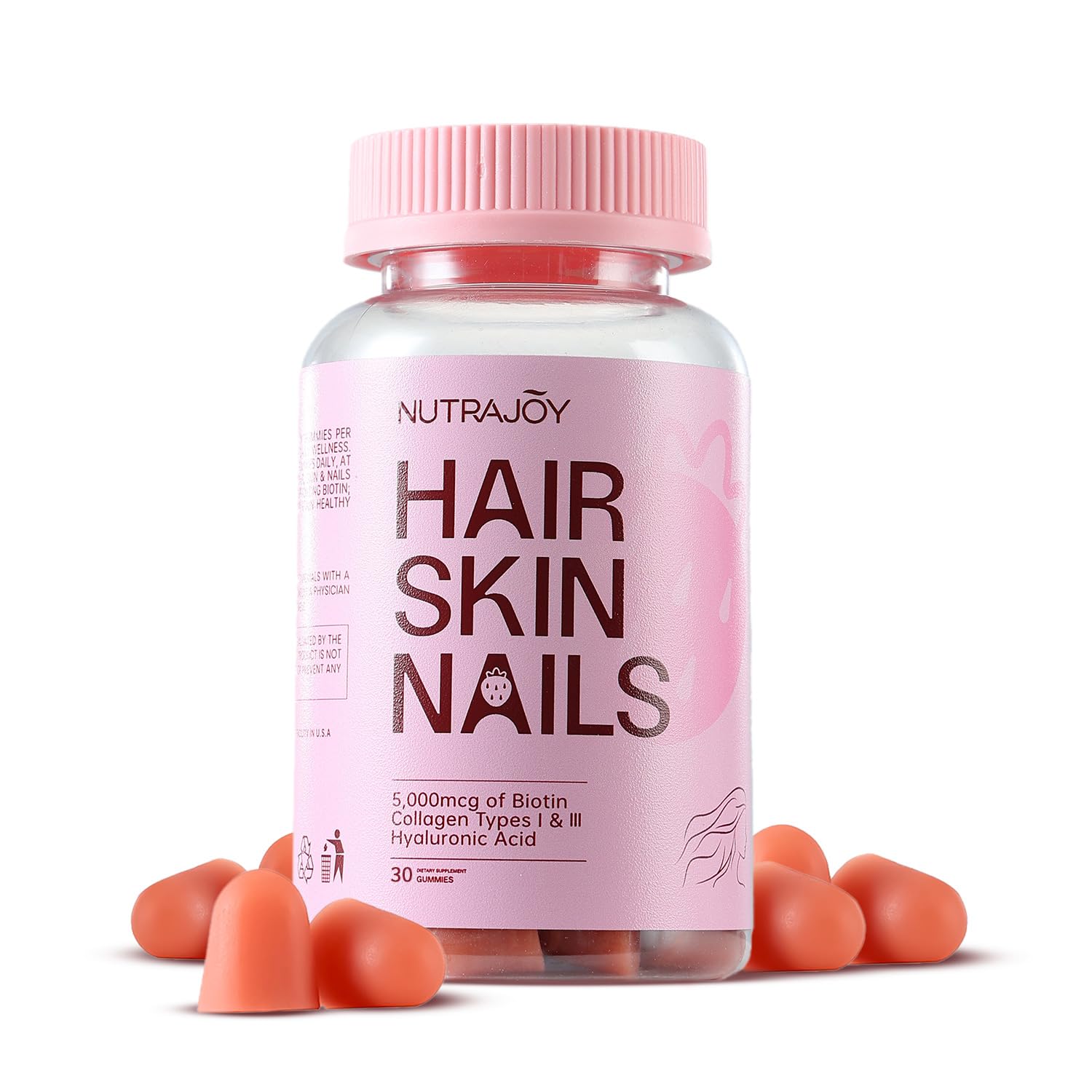 NutraJOY Hair Skin Nails Gummies bottle front with strawberry flavor for daily beauty support
