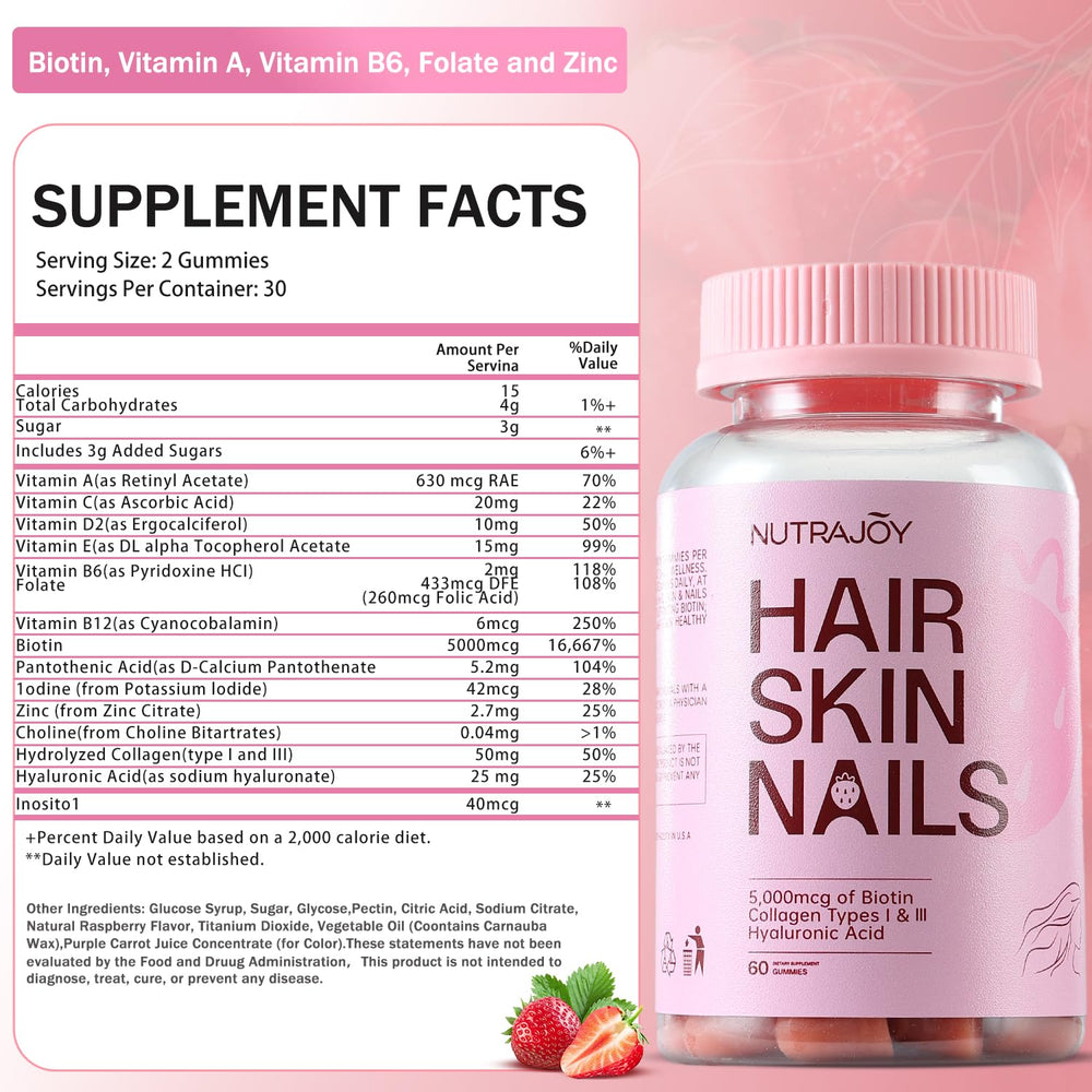 NutraJOY Hair Skin Nails Gummies close-up showing strawberry flavor and chewy texture