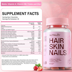 NutraJOY Hair Skin Nails Gummies close-up showing strawberry flavor and chewy texture