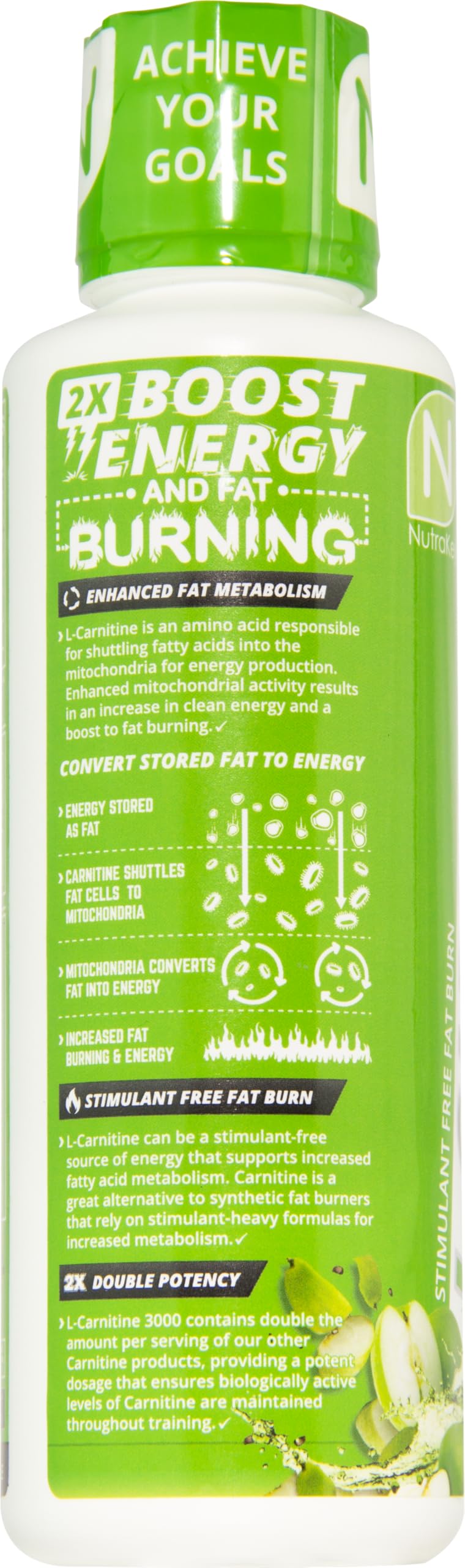 NutraKey L-Carnitine glass with green apple ice implies refreshing pre-workout boost