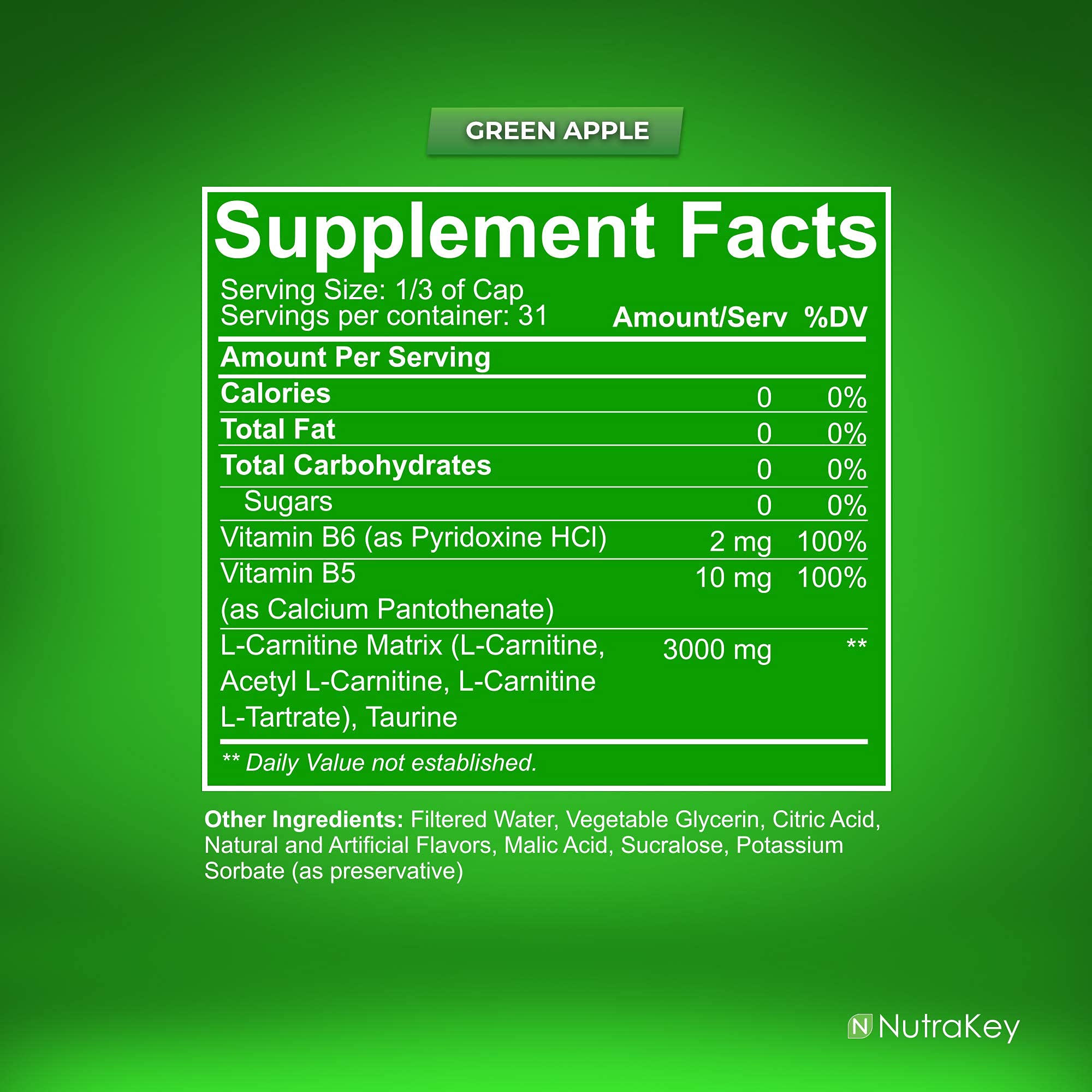 NutraKey L-Carnitine label shows 3000mg and sugar-free formula for mindful fueling