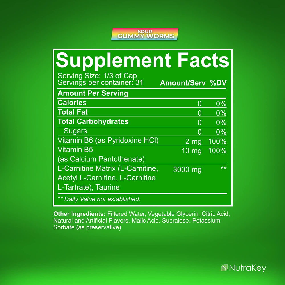 NutraKey L-Carnitine label highlights 1500 mg per serving and gluten-free formula.