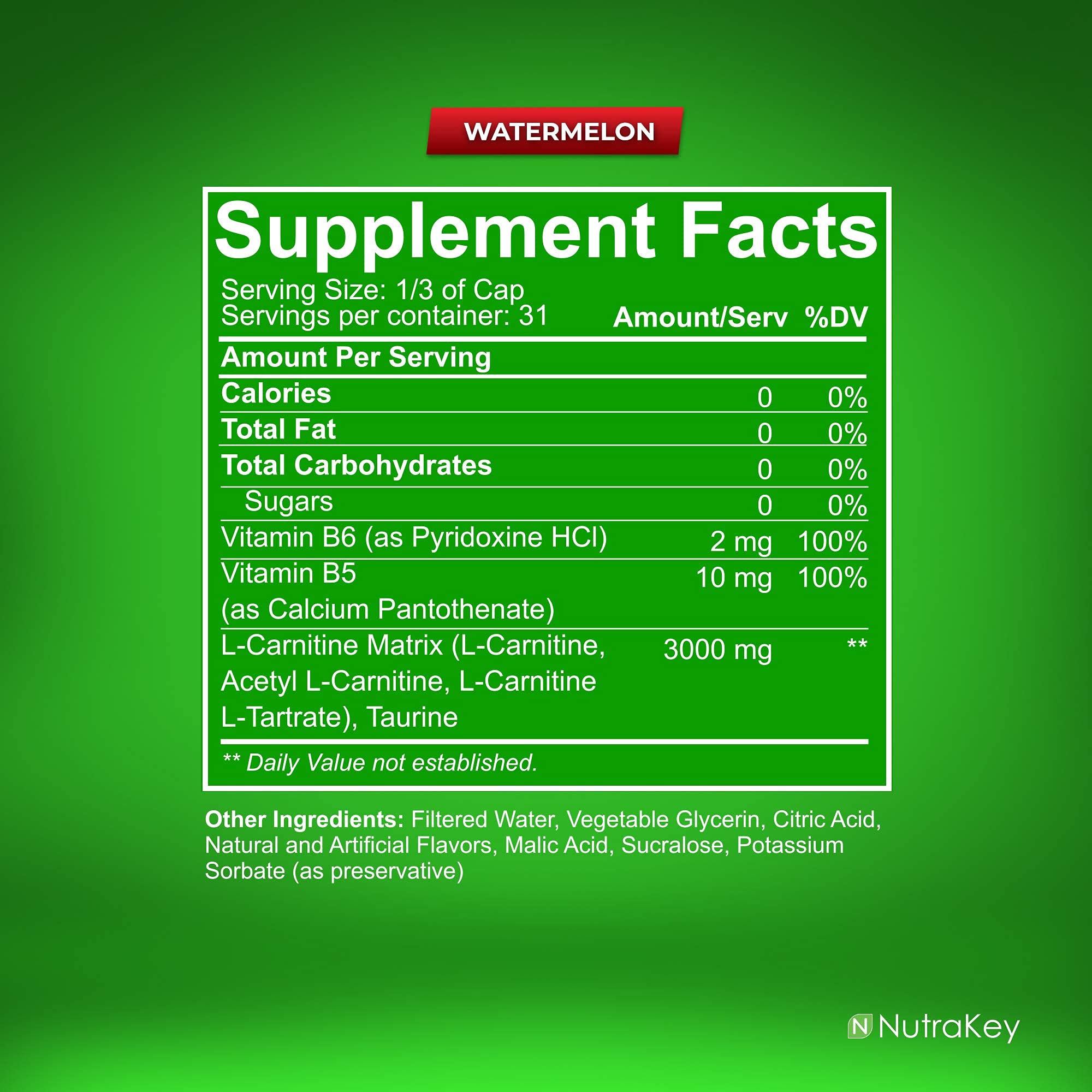 NutraKey L-Carnitine 3000 Watermelon bottle closeup highlights sugar-free formula